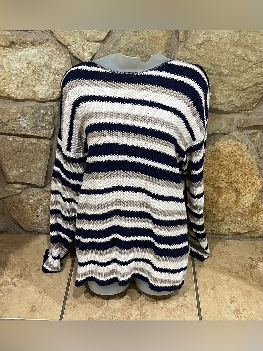 Vtg Express Tricot Striped Textured Pullover Sweater Small Navy Khaki Cream USA